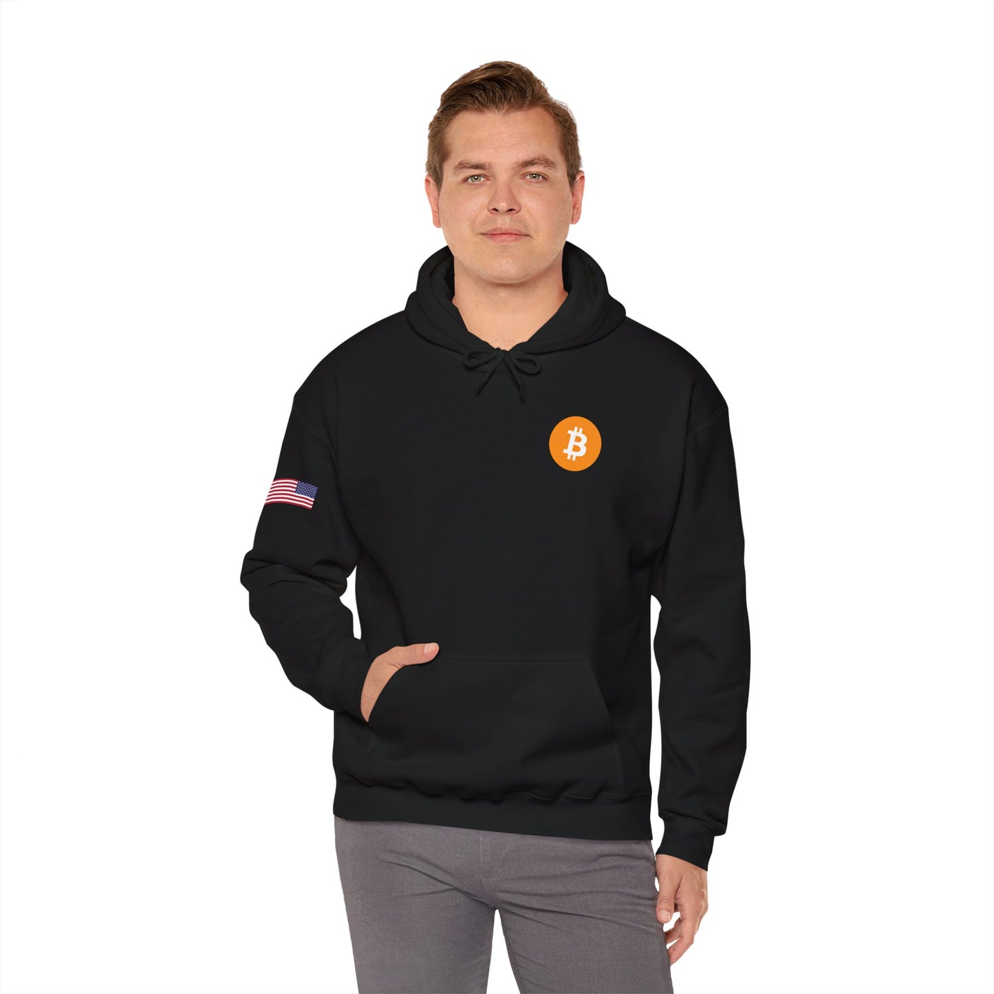 Bitcoin - USA Flag on Right Sleeve - Unisex Heavy Blend™ Hooded Sweatshirt