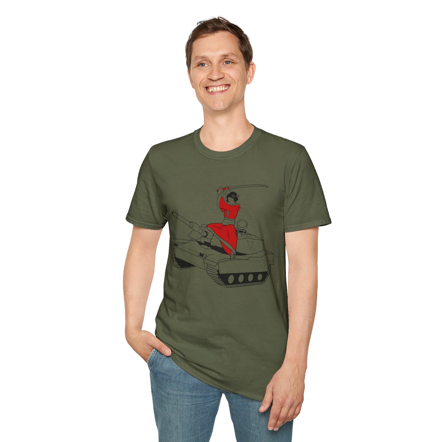 A Samurai on a Tank on a Soft-style tee