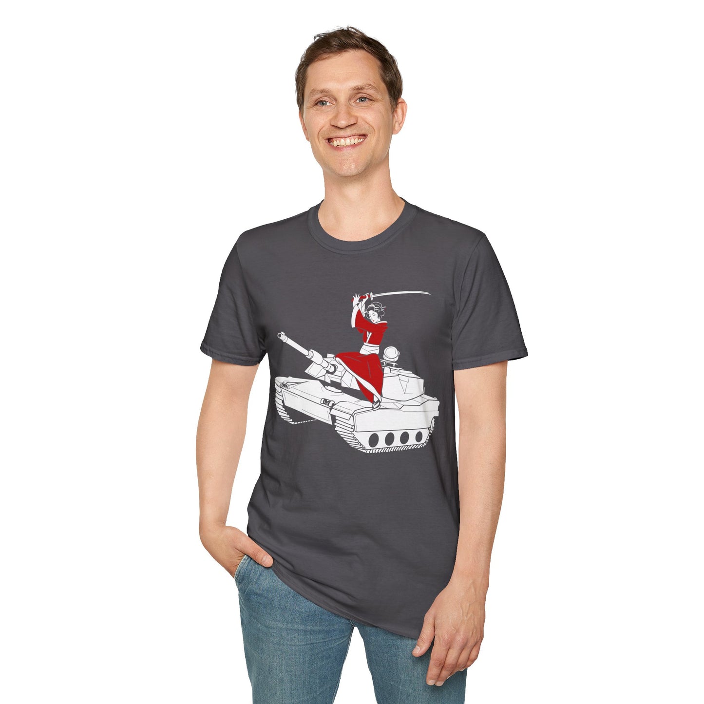 A Samurai on a Tank on a Soft-style tee