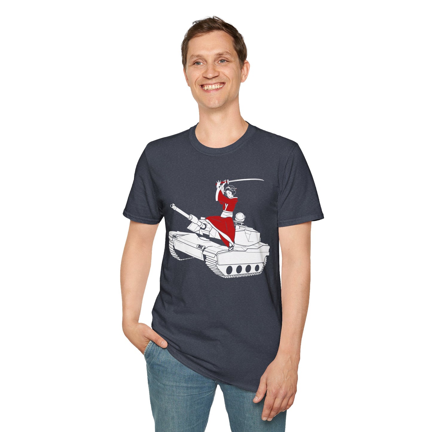 A Samurai on a Tank on a Soft-style tee