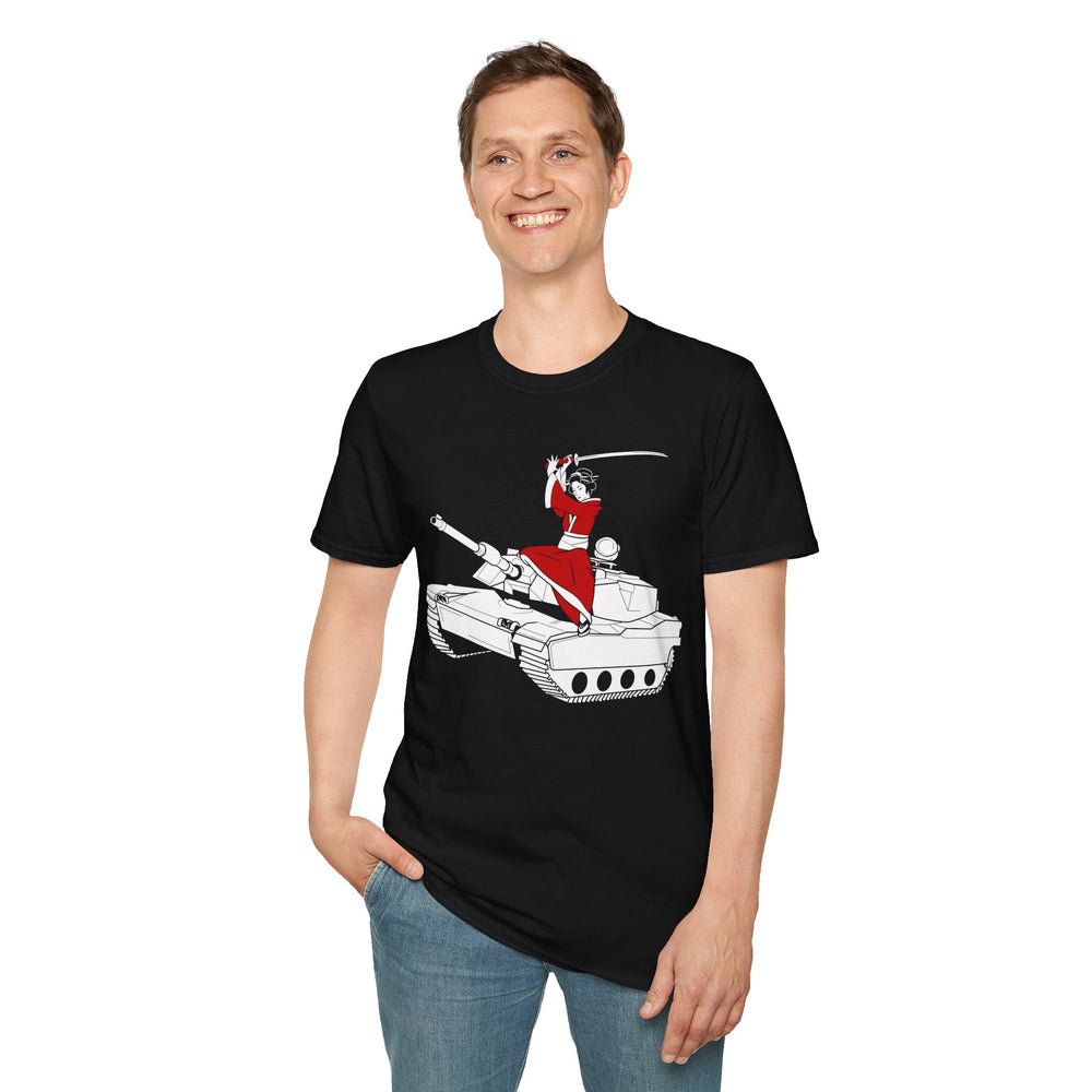 A Samurai on a Tank on a Soft-style tee