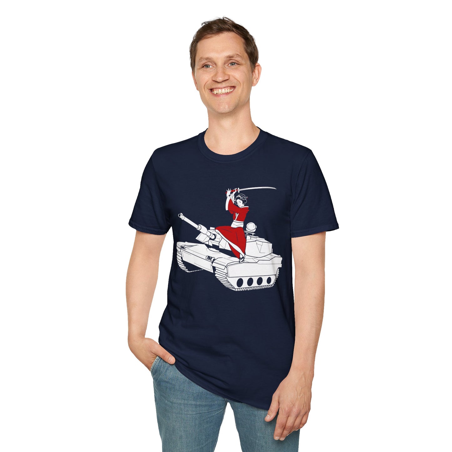 A Samurai on a Tank on a Soft-style tee