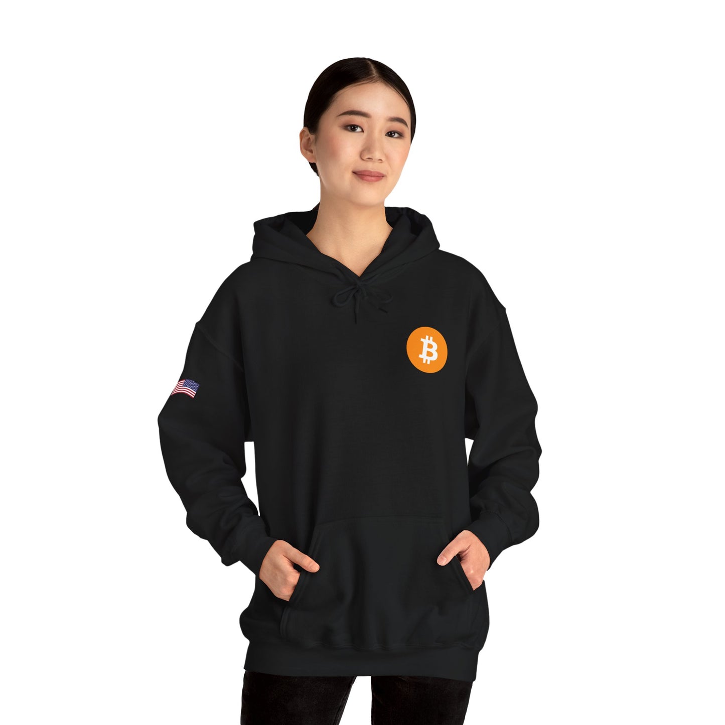 Bitcoin - USA Flag on Right Sleeve - Unisex Heavy Blend™ Hooded Sweatshirt