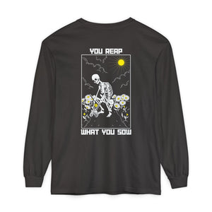 Sow Smiles - Skeleton Back - Unisex Garment-dyed Long Sleeve T-Shirt